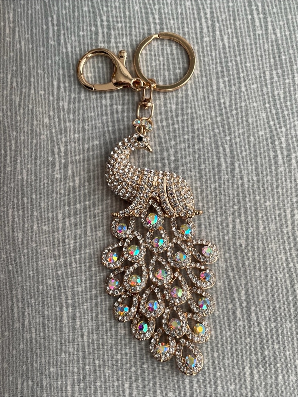 MultiColor Peacock Gold Accents Bag Purse Charm Keychain Sparkle Aurora Borealis